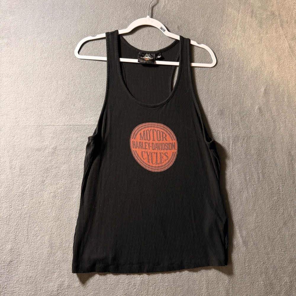 Harley-Davidson Womens Black Ribbed Racerback Graphic Tank Top Large Logo Biker